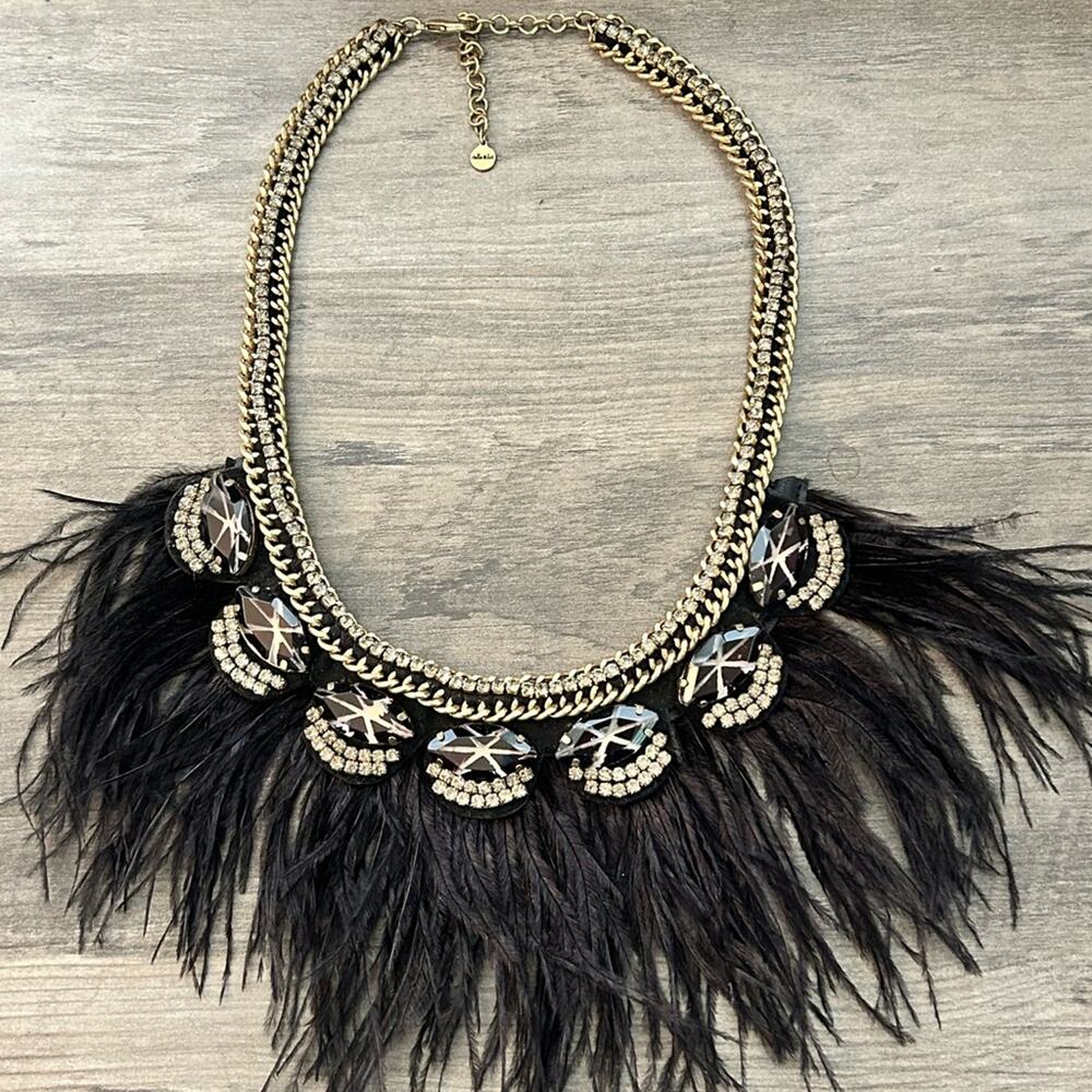 Stella & Dot Black Harper Feather & Rhinestone Statement Necklace Vintage